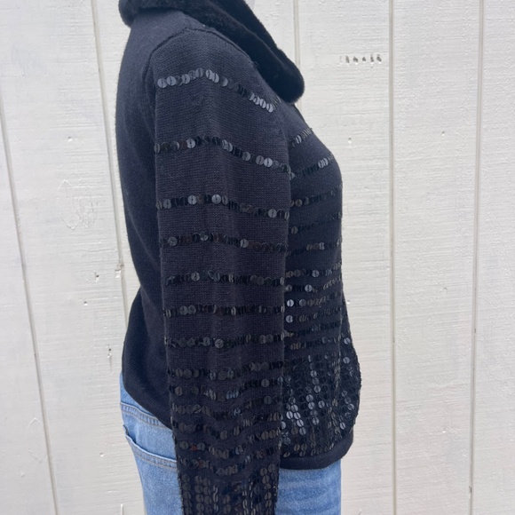 Elana Carello Black Sequin Sweater with Faux Fur Trim Size Small - Picture 5 of 8